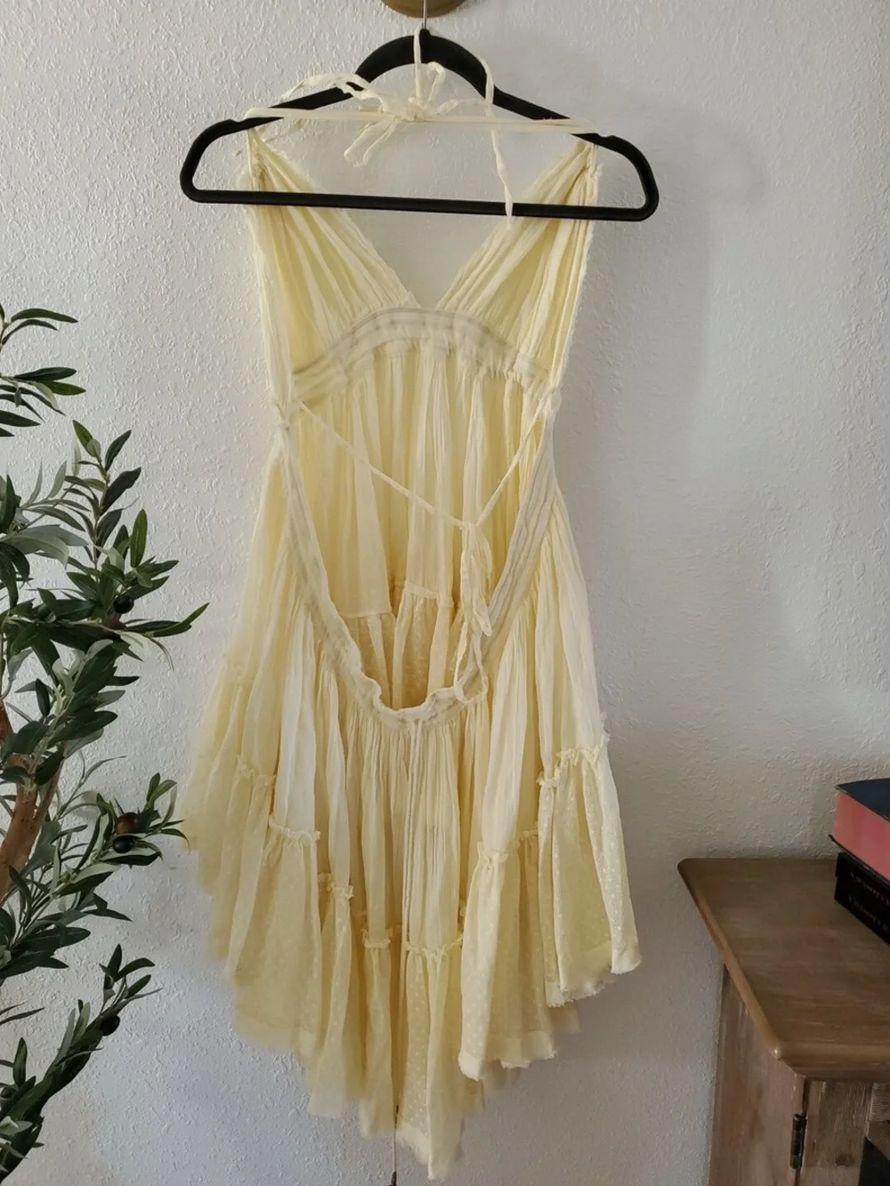 Plunging V-Neck Cream Mini Dress with Tiered Skirt